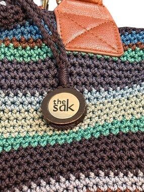 The Sak Crochet Shoulder Bag Striped Knit Boho Purse Leather Handle Ho